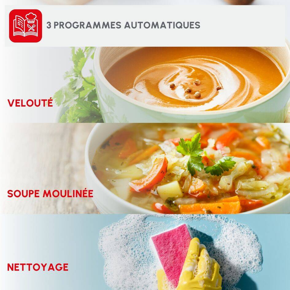Soup&plus, Blender chauffant, 3 programmes automatiques, 1100W, Rouge