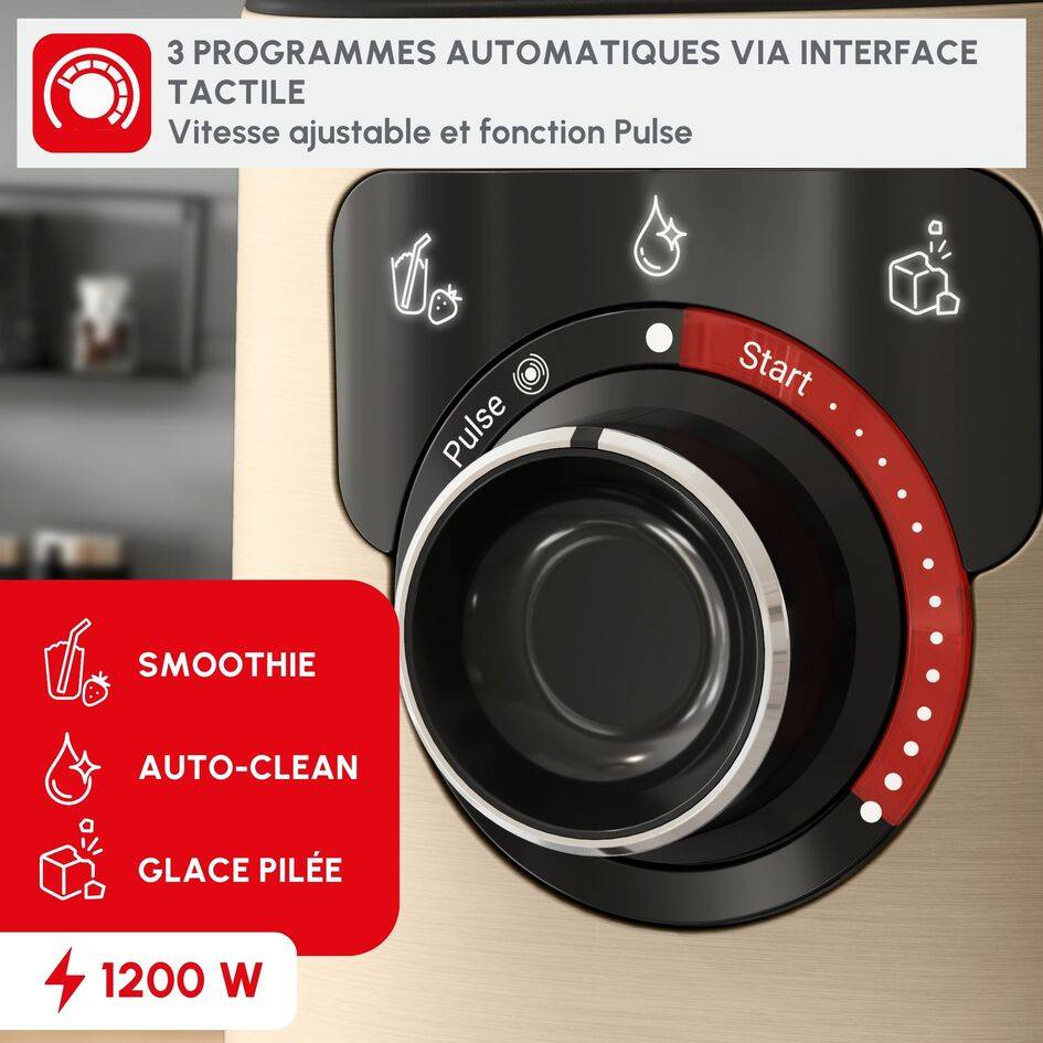 PerfectMix +, Blender haute performance, Lames powelix, Bol en verre de 2L, 1200W , Or métal et noir