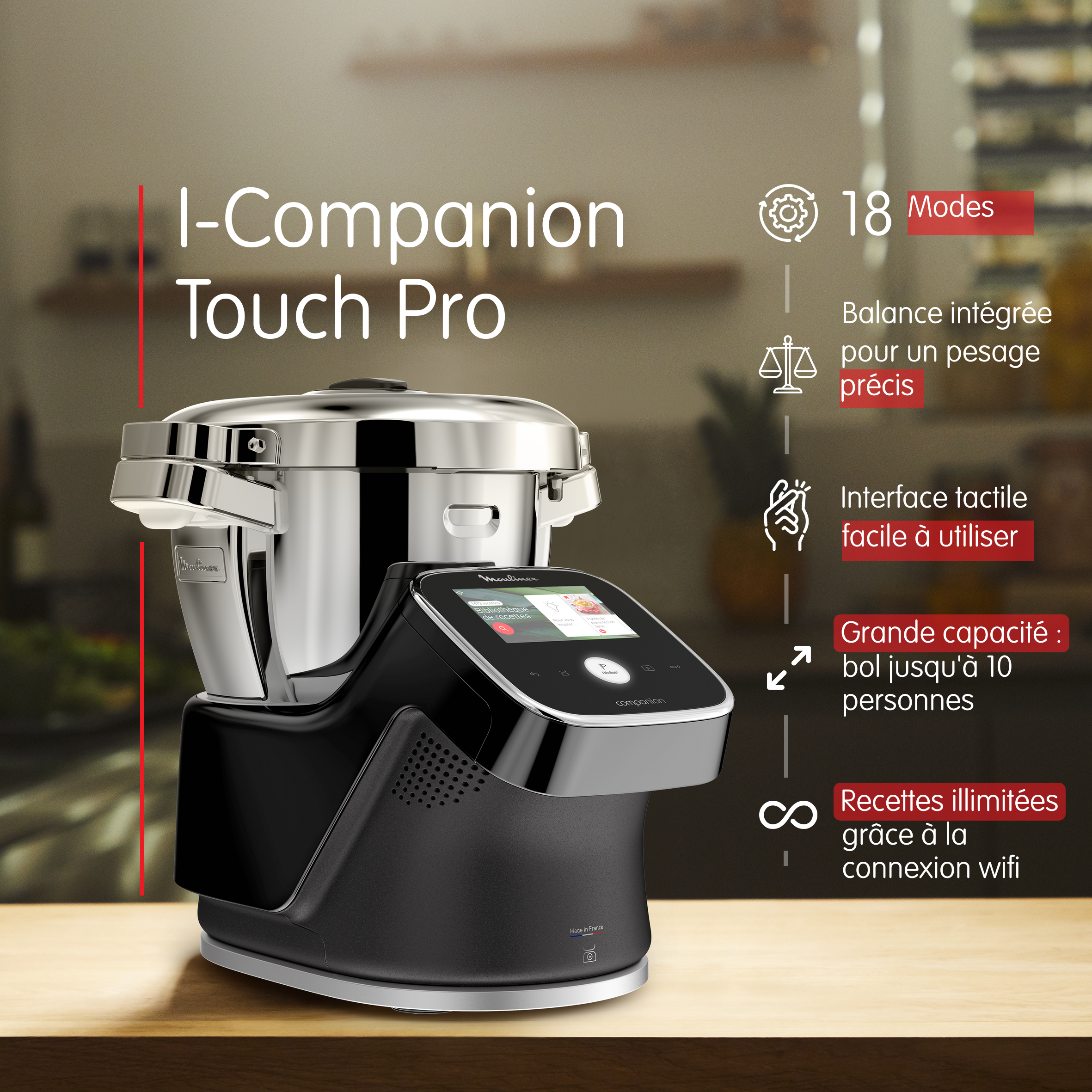 RECONDITIONNÉ I-Companion Touch Pro, Robot cuiseur, 18 modes de fonctionnement dont pesage, Jusqu'à 10 personnes, Connecté, 1550W, Noir + découpe légumes