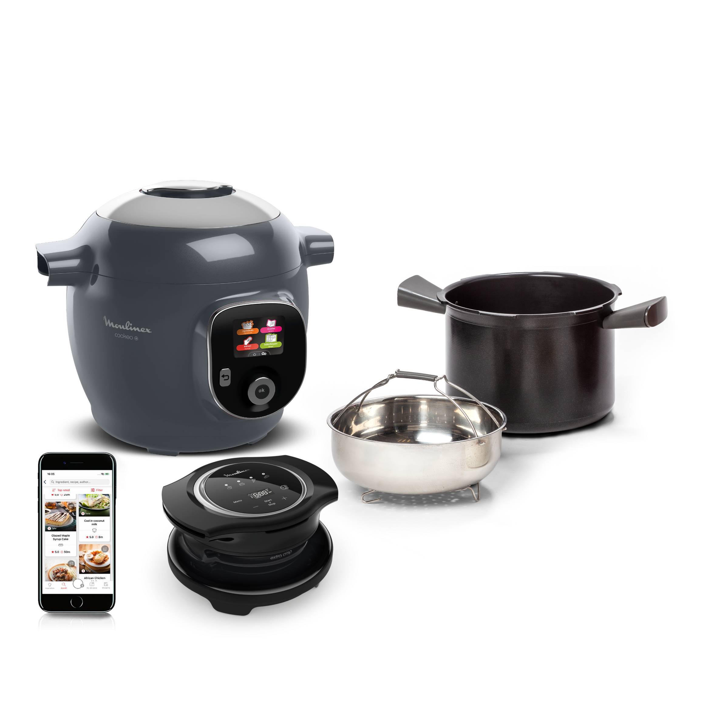 Cookeo+ Multicuiseur intelligent, 150 recettes, 6 L, 6 pers, Gris avec Extra crisp