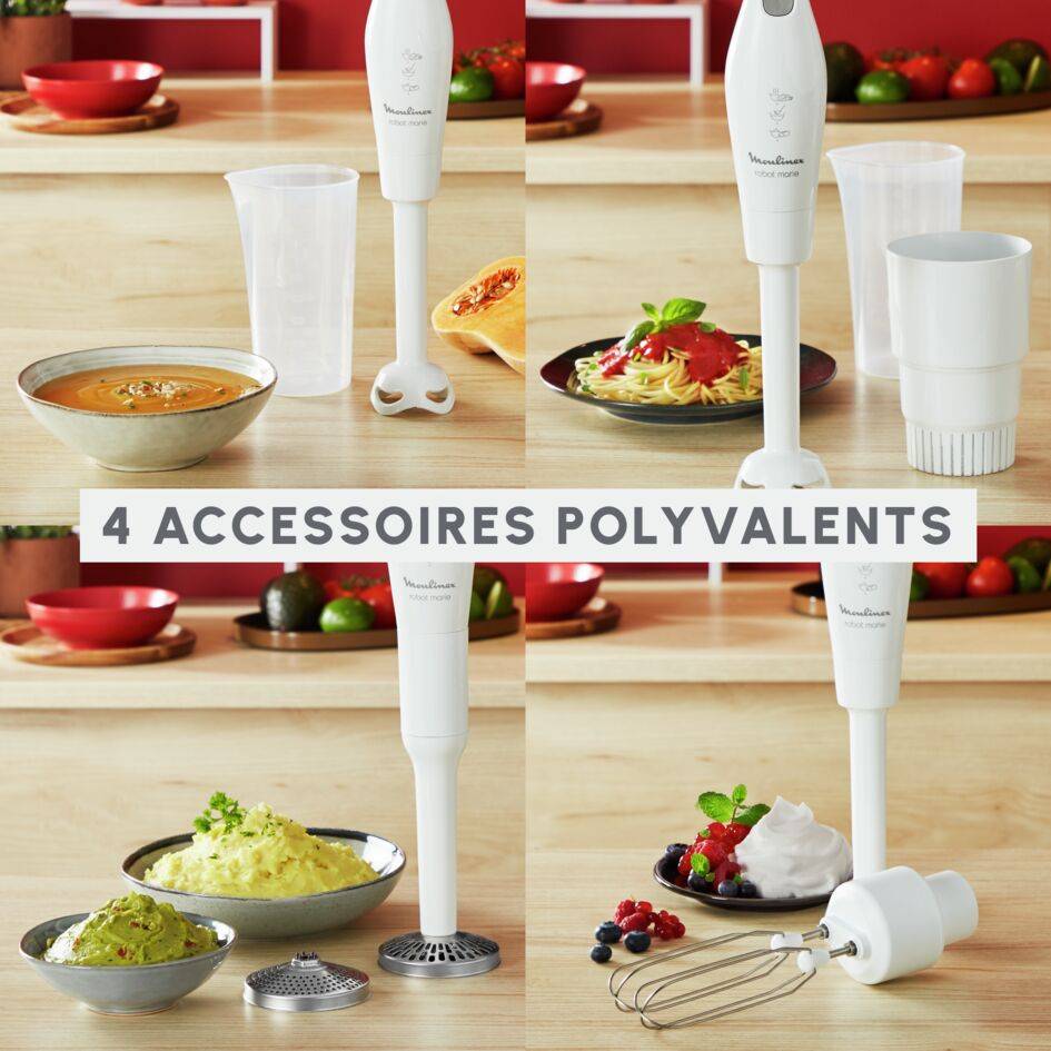 Robot Marie, Pied mixeur, 2 lames ZELKROM, 4 accessoires, 450 W, Blanc