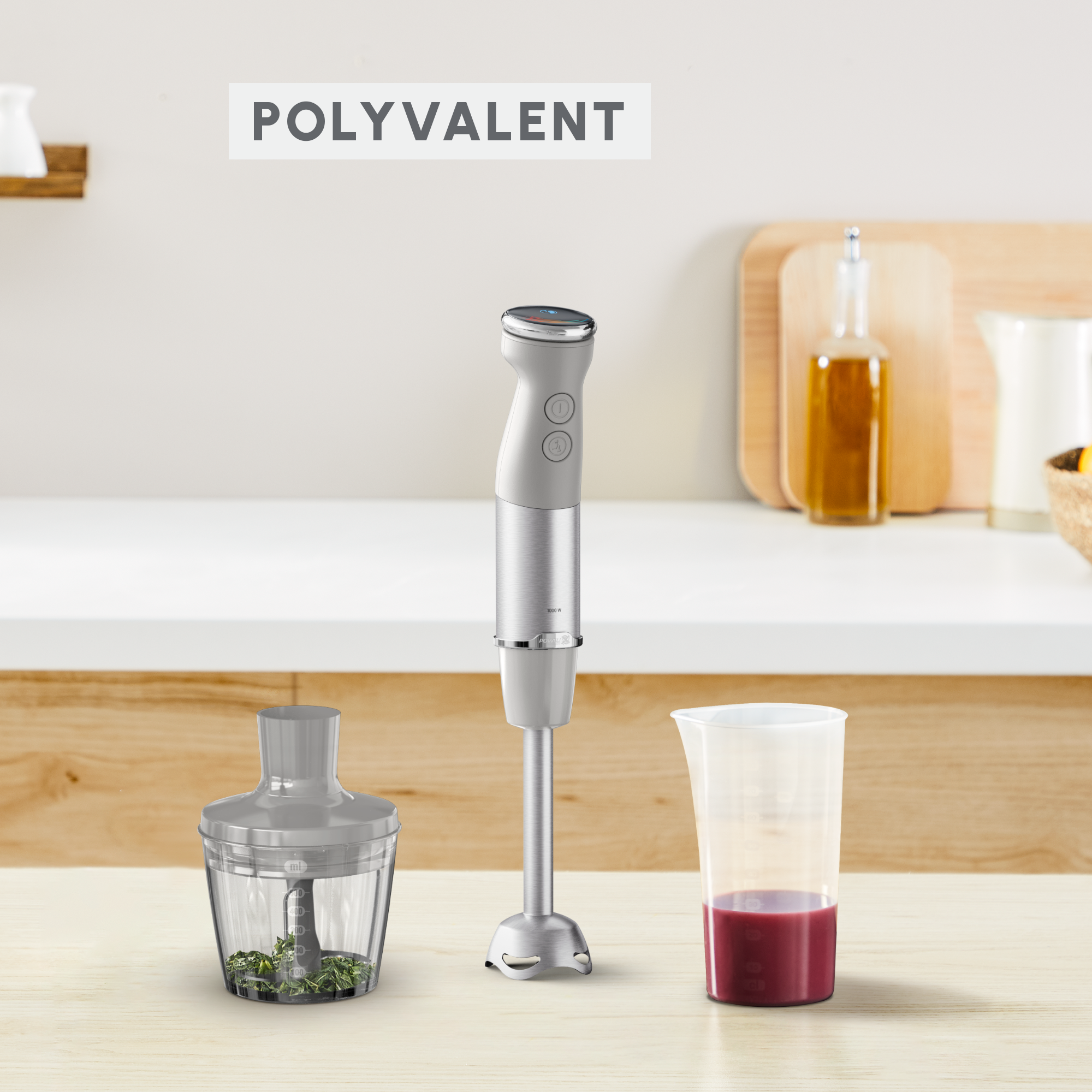 Quickchef+, Pied mixeur, lames powelix, 20 vitesses, Accessoire mini hachoir, 1000 W Gris et métal