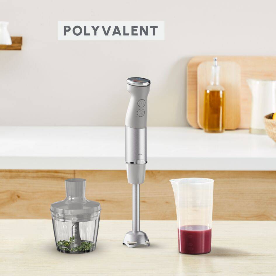 Quickchef+, Pied mixeur, lames powelix, 20 vitesses, Accessoire mini hachoir, 1000 W Gris et métal