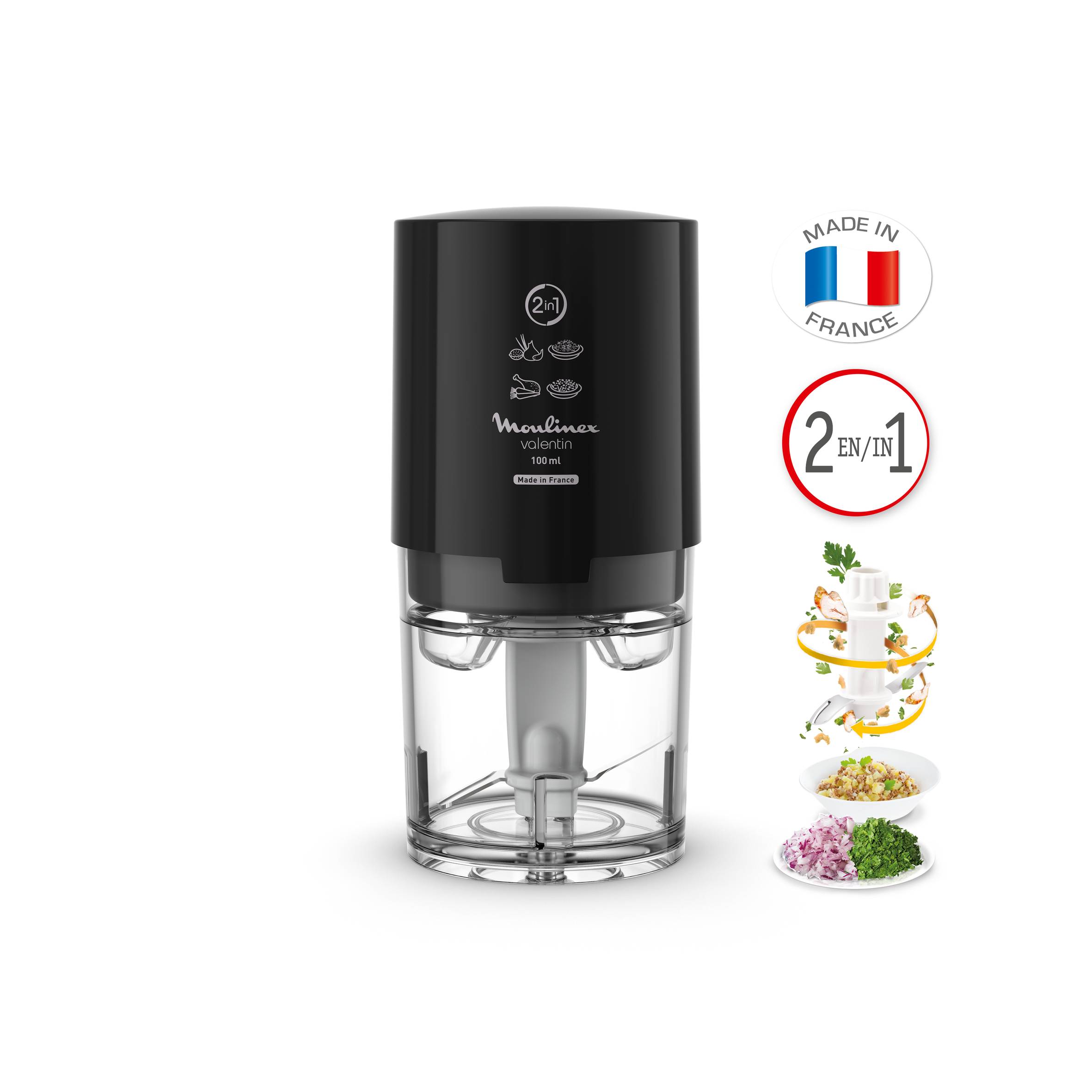 Valentin, Mini Hachoir, Compact, Fonction 2 en 1, capacité 50 ml, Noir