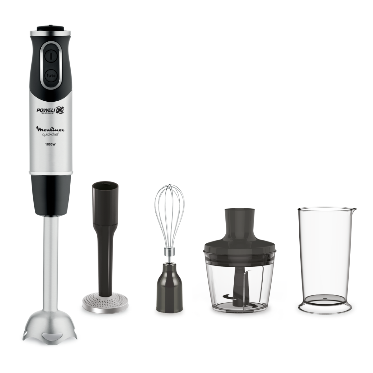 Quickchef 4 en 1, Pied mixeur, Lames powelix, 10 vitesses, 3 accessoires, 1000 W, Noir et métal