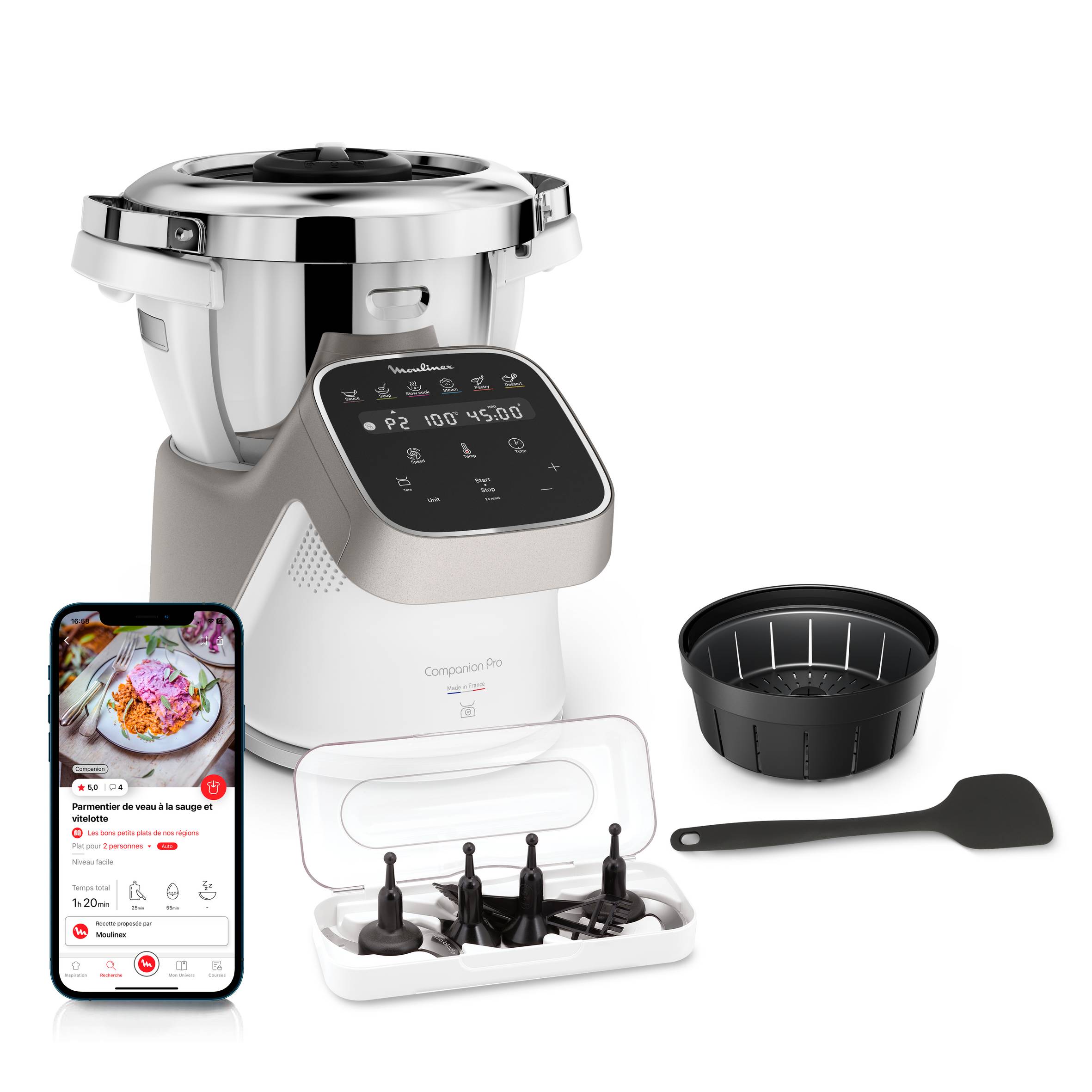 Companion Pro, Robot Cuiseur, 15 fonctions, Pesage intégré, Capacité XL 10 personnes, Gris, Fabriqué en France