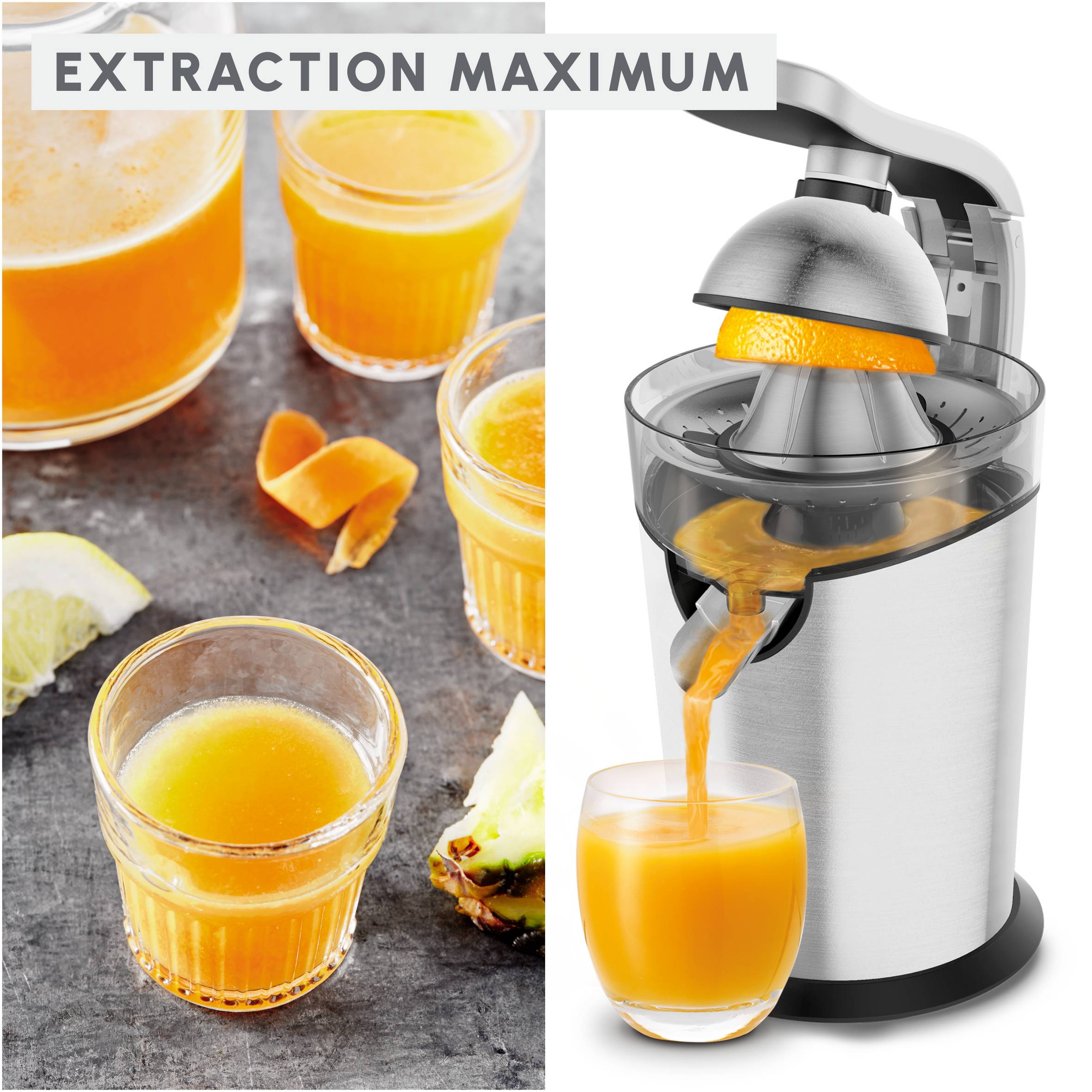 Vitapress Pro, Presse agrumes, 300 W, Levier à pression, cône en acier, Gris
