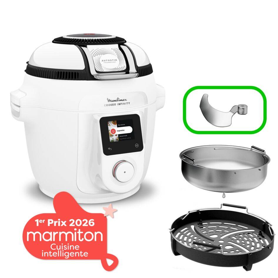 Cookeo Infinity, 19 modes de cuisson, Avec pale de mélange, Blanc, spatule