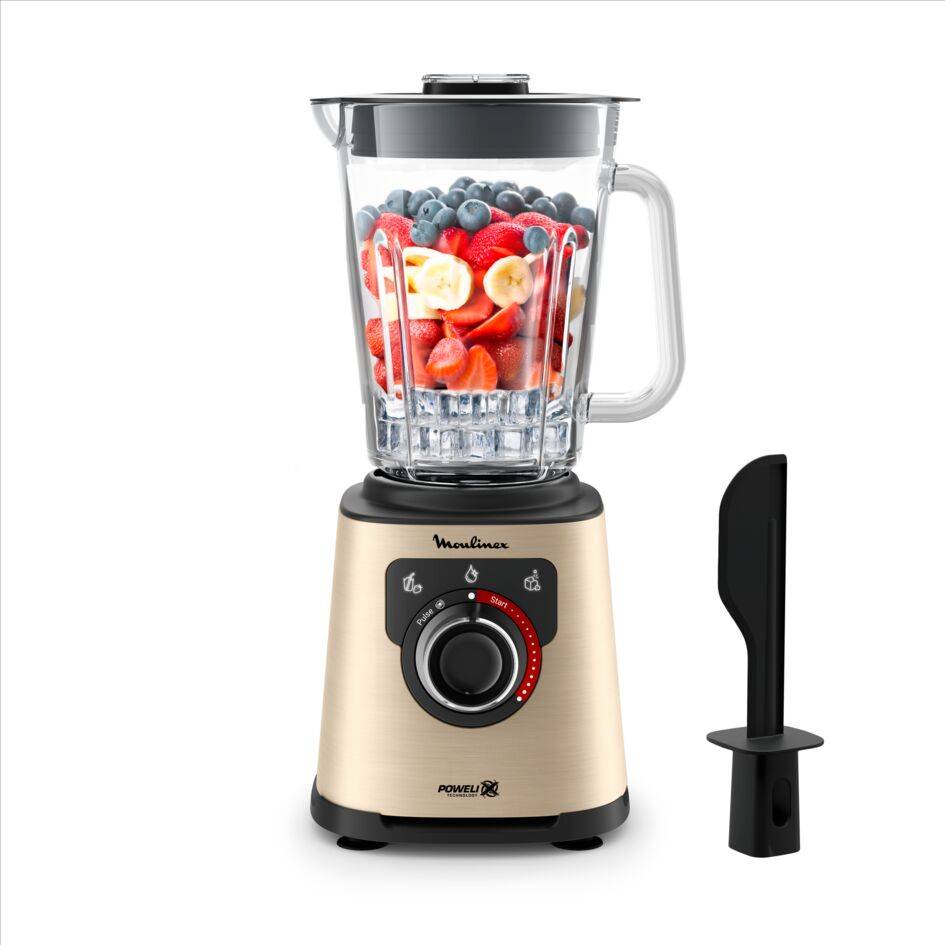 PerfectMix +, Blender haute performance,  Lames powelix, Bol en verre de 2L, 1200W , Or métal et noir