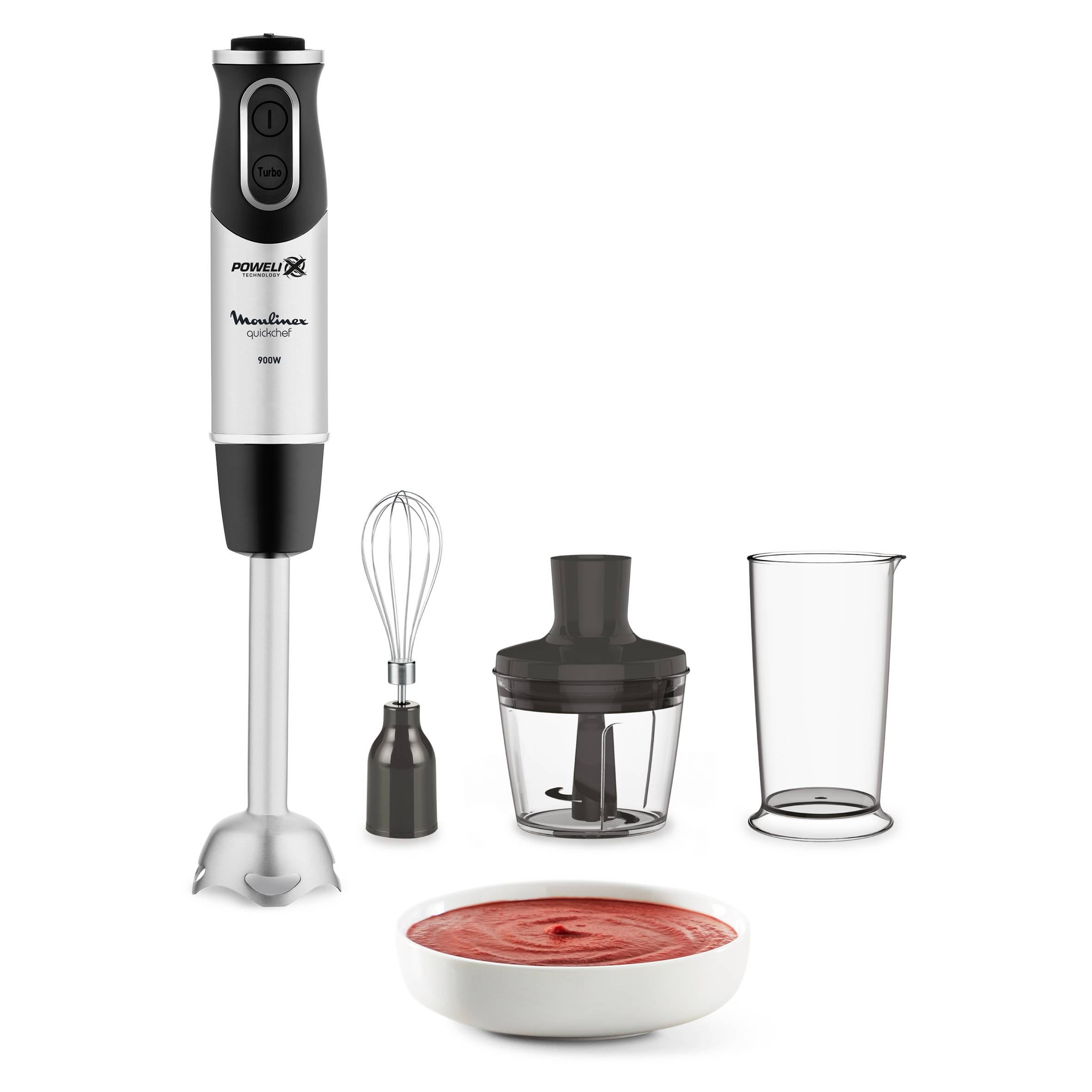 Quickchef 3 en 1, Pied mixeur, Lames powelix, 10 vitesses, Accessoires mini hachoir et fouet, Noir et métal