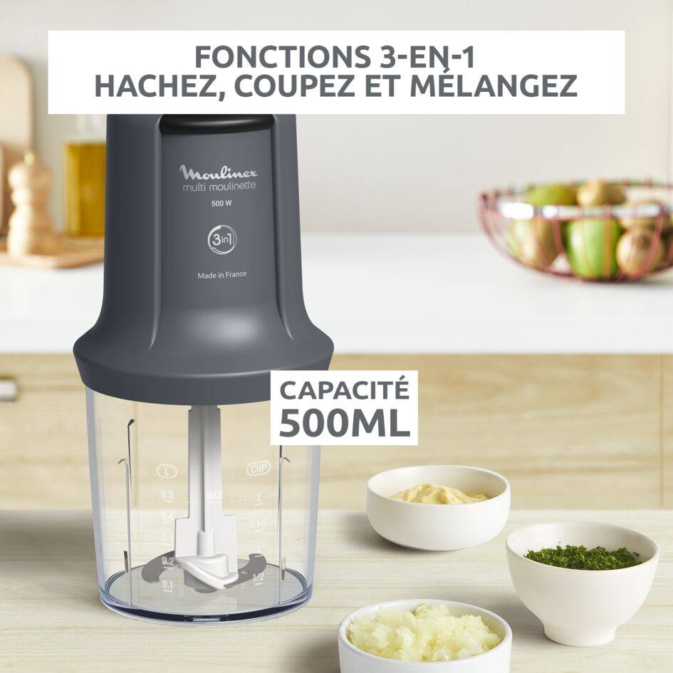 Multi moulinette, Mini hachoir, Fonction 3 en 1, Capacité 500 ml, 500 W, Gris