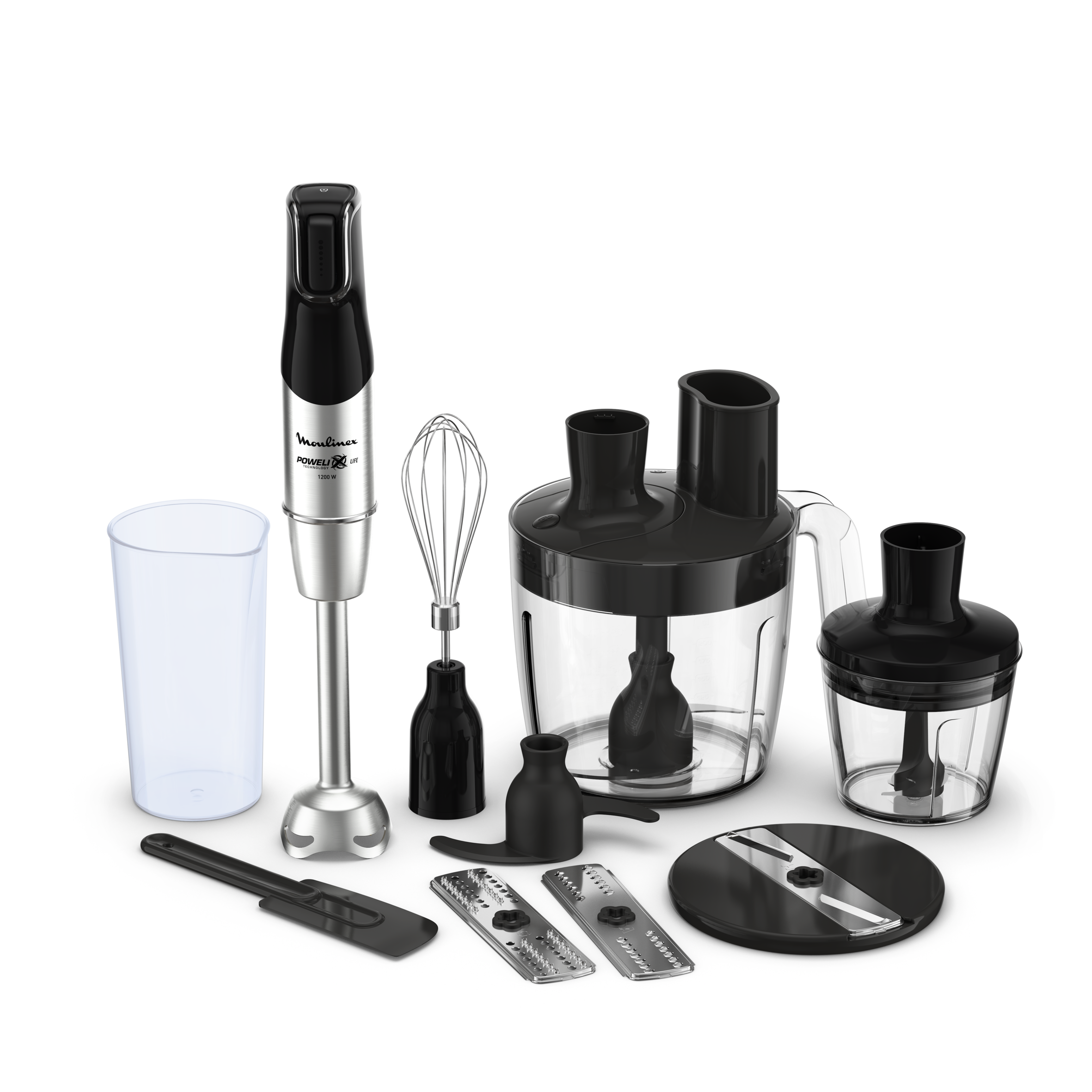 Infinyforce 5 en 1, Pied mixeur, lames powelix life, Variateur de vitesses, 4 accessoires, 1200 W, Noir et métal