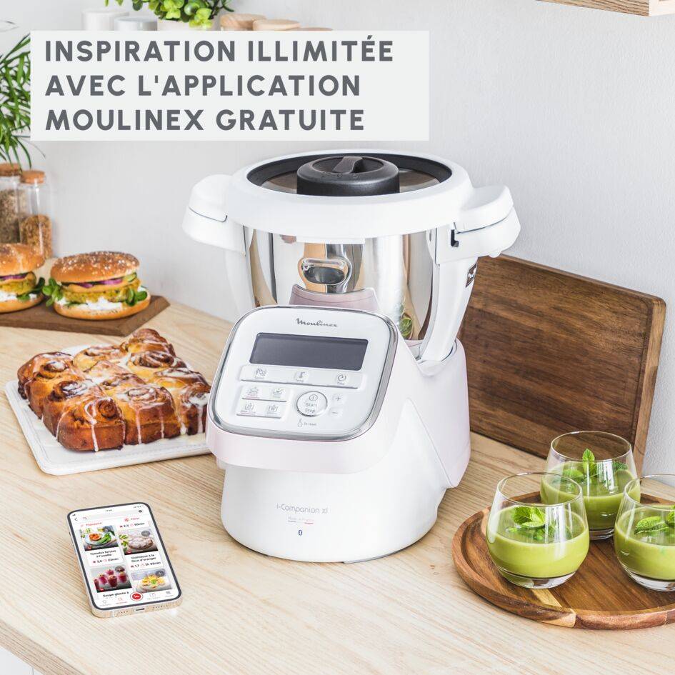 I-Companion, Robot cuiseur, 14 fonctions, Connecté, Capacité XL 10 personnes, Blanc et rose, Fabriqué en France + Kit pâtisserie