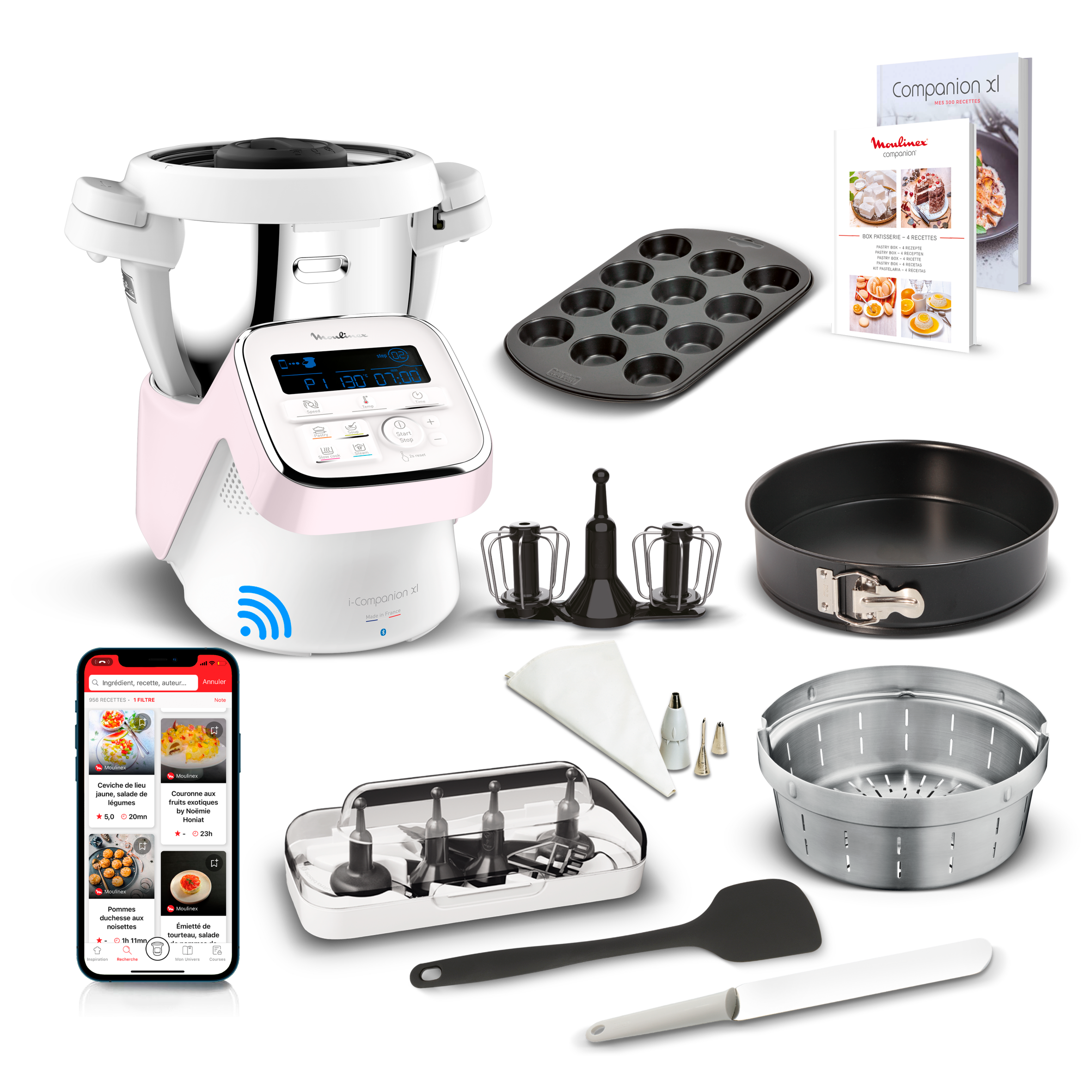 I-Companion, Robot cuiseur, 14 fonctions, Connecté, Capacité XL 10 personnes, Blanc et rose, Fabriqué en France + Kit pâtisserie