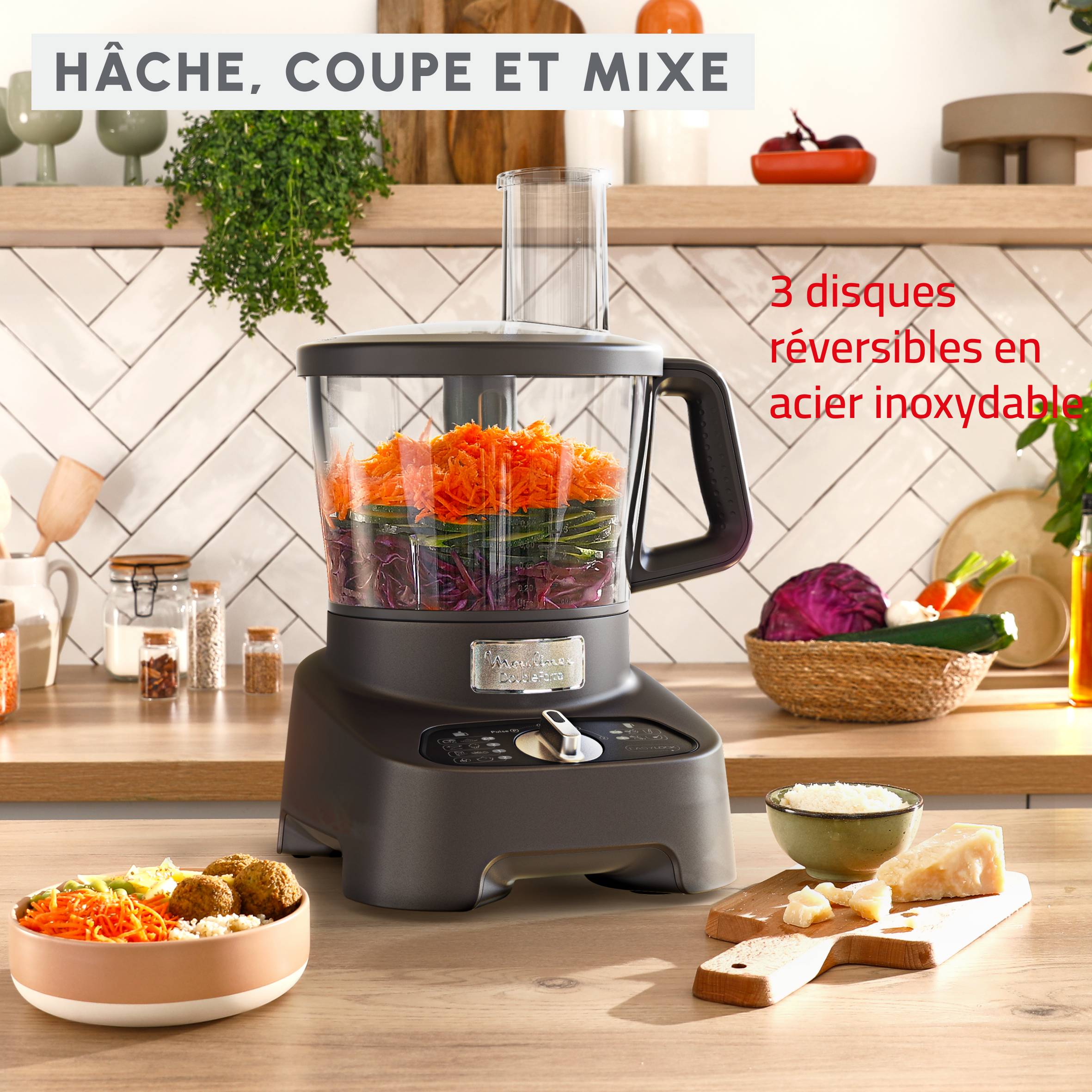 Double Force, Robot multifonction, 1000 W, 31 fonctions, 10 accessoires, Gris