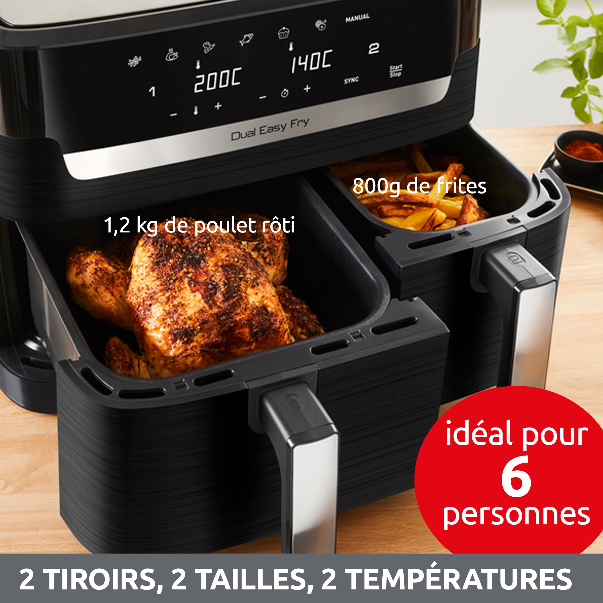 Easy Fry Dual Essential Inox, 7 programmes, Air Fryer, 8.3 L, Deux tiroirs, Noir