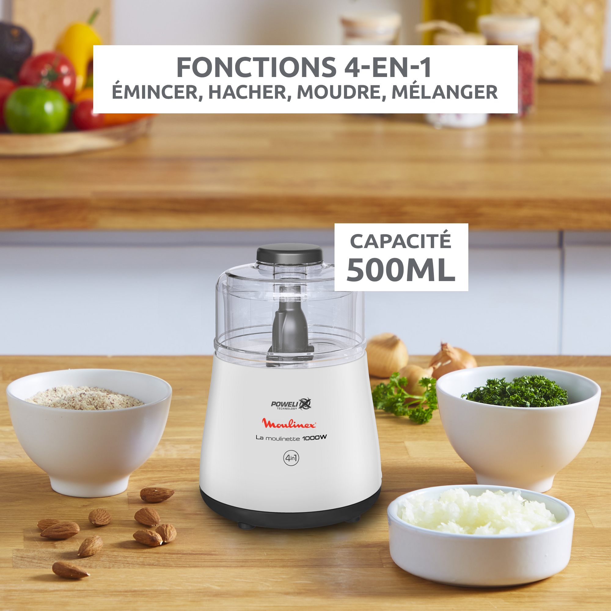 La Moulinette, Hachoir, Capacité 500 ml, Fonction 4 en 1, 1000 W, blanche