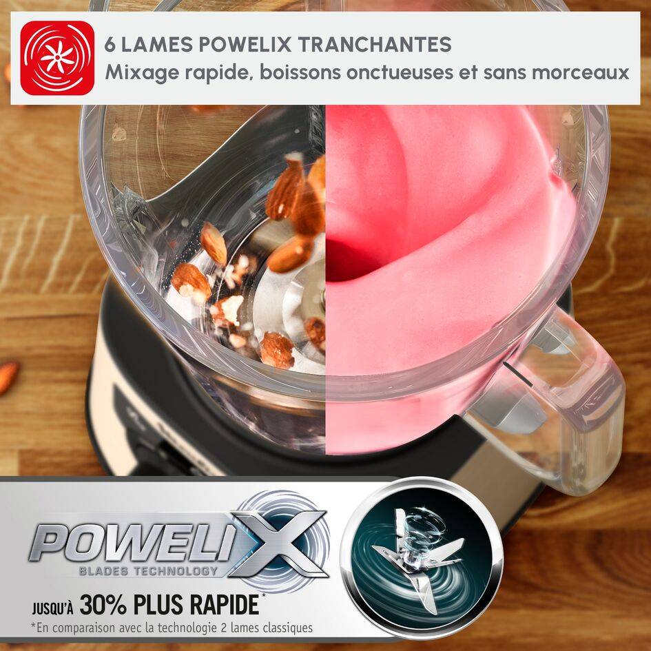 PerfectMix +, Blender haute performance,  Lames powelix, Bol en verre de 2L, 1200W , Or métal et noir