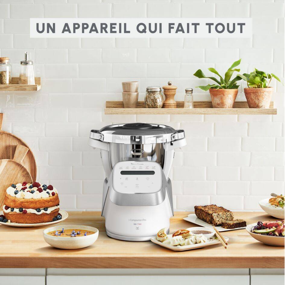 I-Companion Pro, Robot Cuiseur, 17 fonctions, Pesage intégré, Capacité XL 10 personnes, Gris, Fabriqué en France + Double fouet