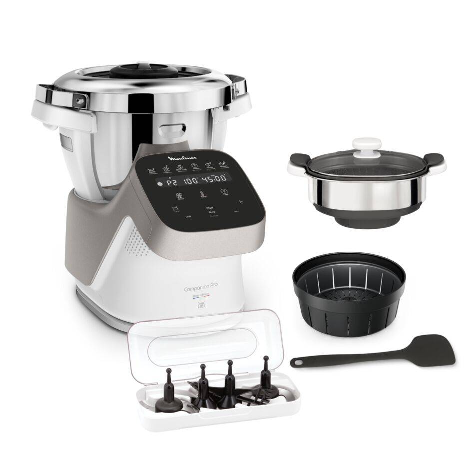 Companion Pro,  Robot Cuiseur, 15 fonctions, Pesage intégré, Capacité XL 10 personnes, Gris, Fabriqué en France + Cuiseur vapeur