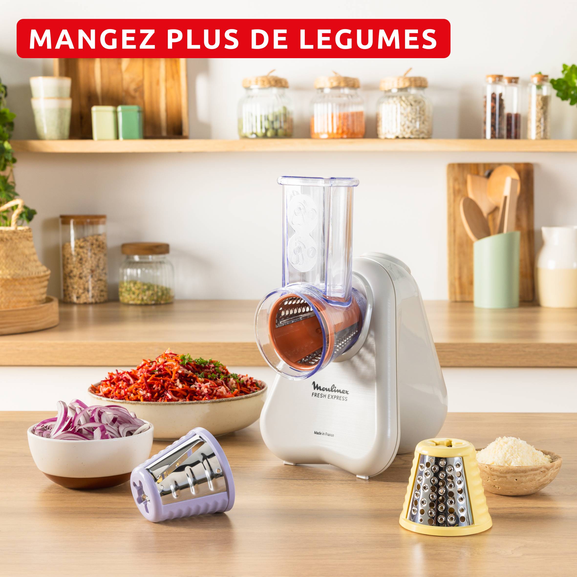 Fresh Express, Découpe-légumes électrique, Service direct dans le plat, 3 cônes, Écru