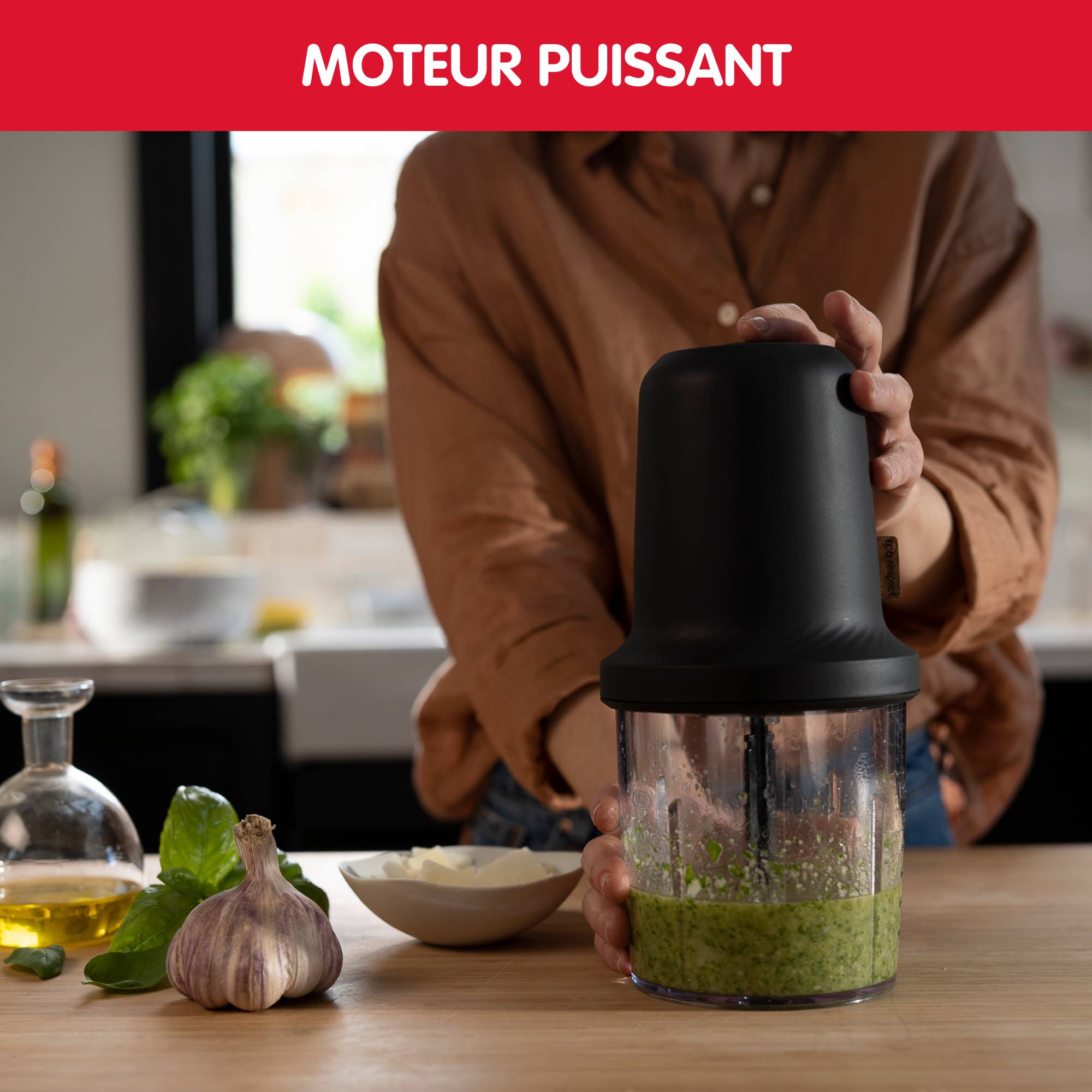 Hachoir Eco respect, Mini hachoir, Eco design, Fonction 3 en 1, Capacité 500 ml, 500 W, Gris