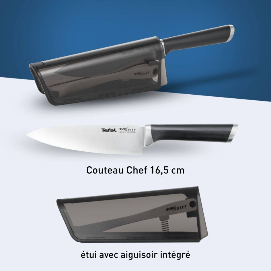 Ever Sharp Couteau de chef 16,5 cm + aiguiseur intégré avec étui, Technologie brevetée