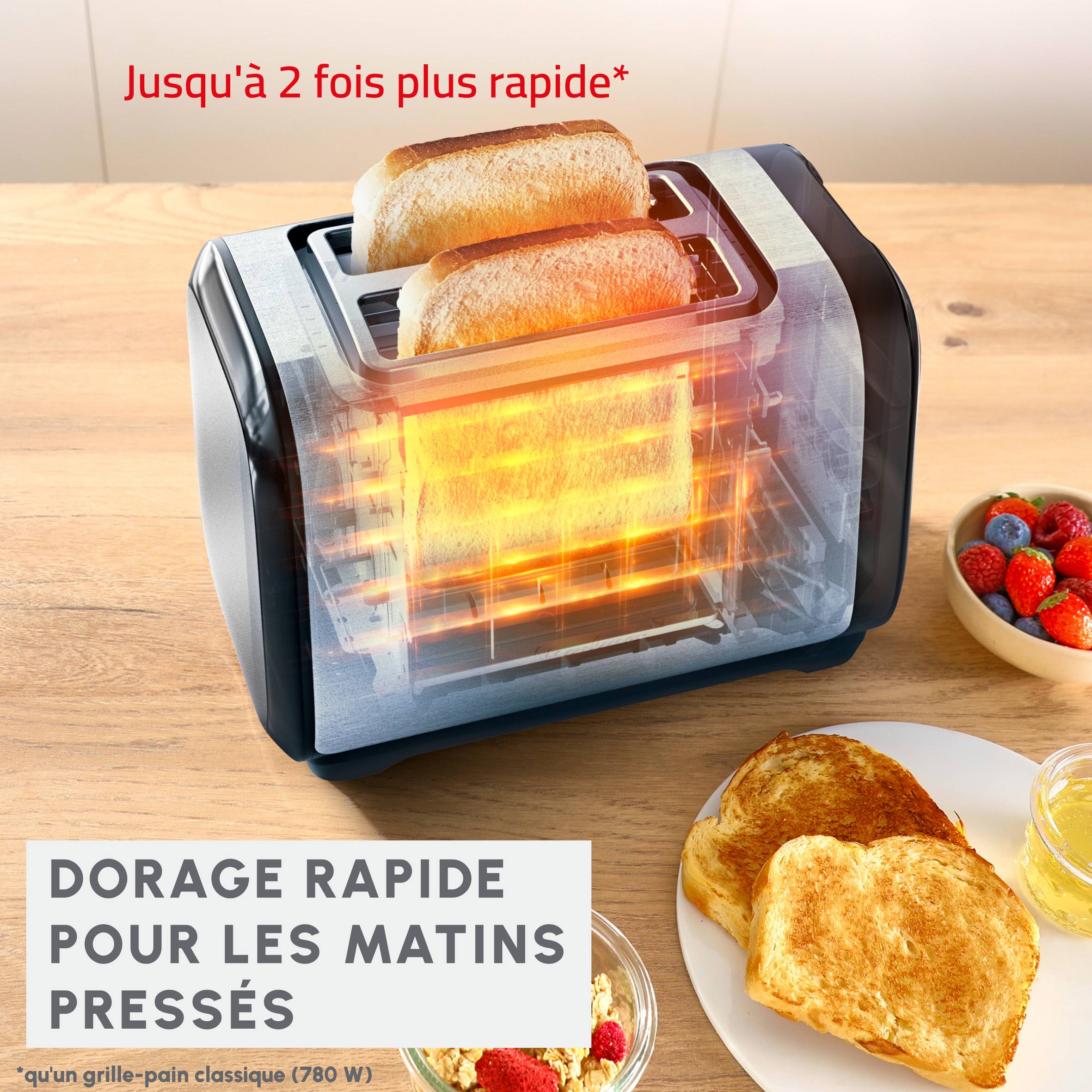 Subito, Grille-pain 2 fentes, Grillage plus rapide, Économies d'énergie, Noir et acier inoxydable