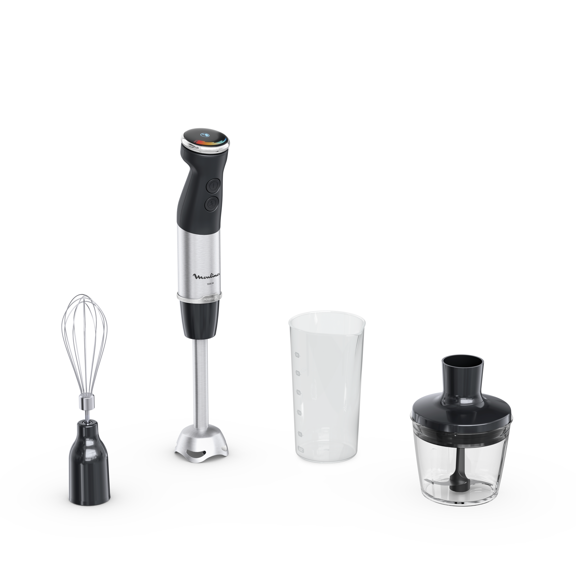 Quickchef+, Pied mixeur, Lames powelix, 20 vitesses, Accessoires hachoir et fouet, 1000 W, Noir et métal