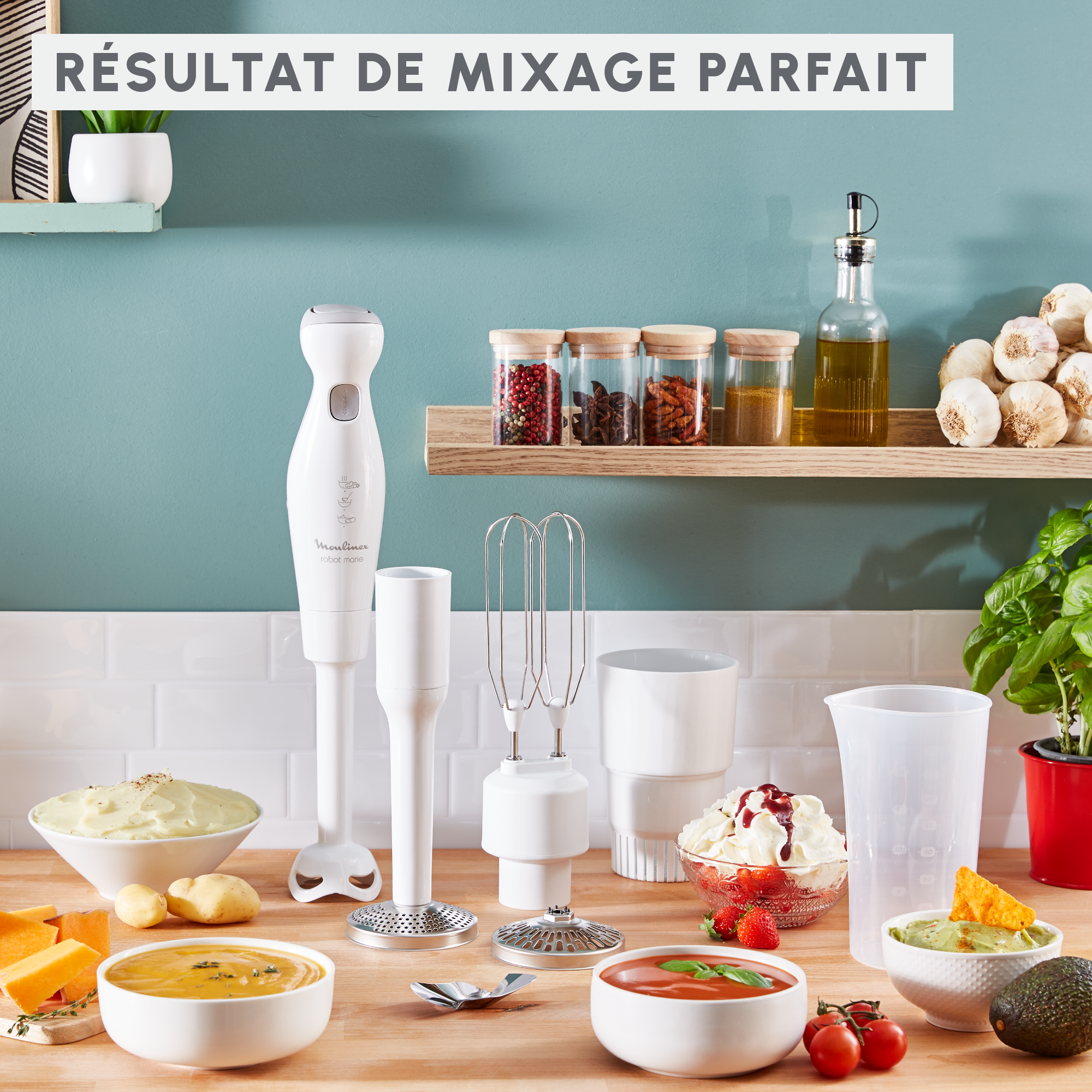 Robot Marie, Pied mixeur, 2 lames ZELKROM, 4 accessoires, 450 W, Blanc