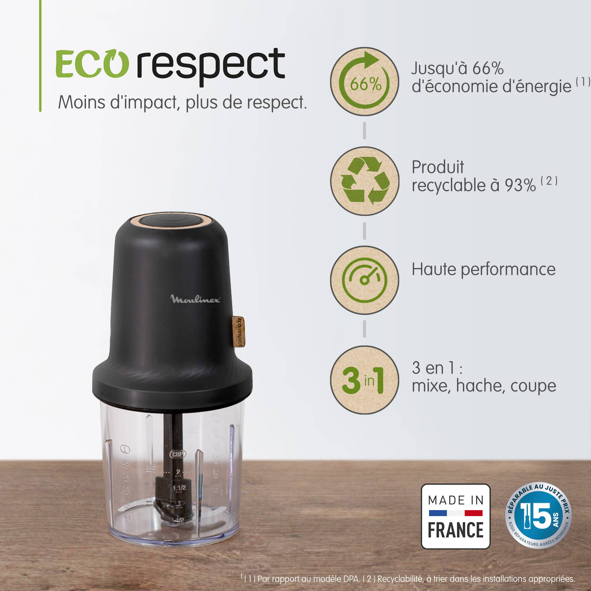 Hachoir Eco respect, Mini hachoir, Eco design, Fonction 3 en 1, Capacité 500 ml, 500 W, Gris