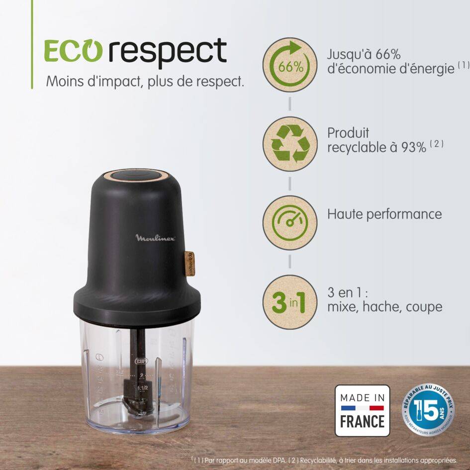 Hachoir Eco respect, Mini hachoir, Eco design, Fonction 3 en 1, Capacité 500 ml, 500 W, Gris