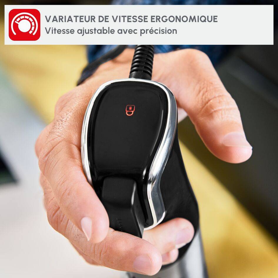 Infinyforce 5 en 1, Pied mixeur, lames powelix life, Variateur de vitesses, 4 accessoires, 1200 W, Noir et métal