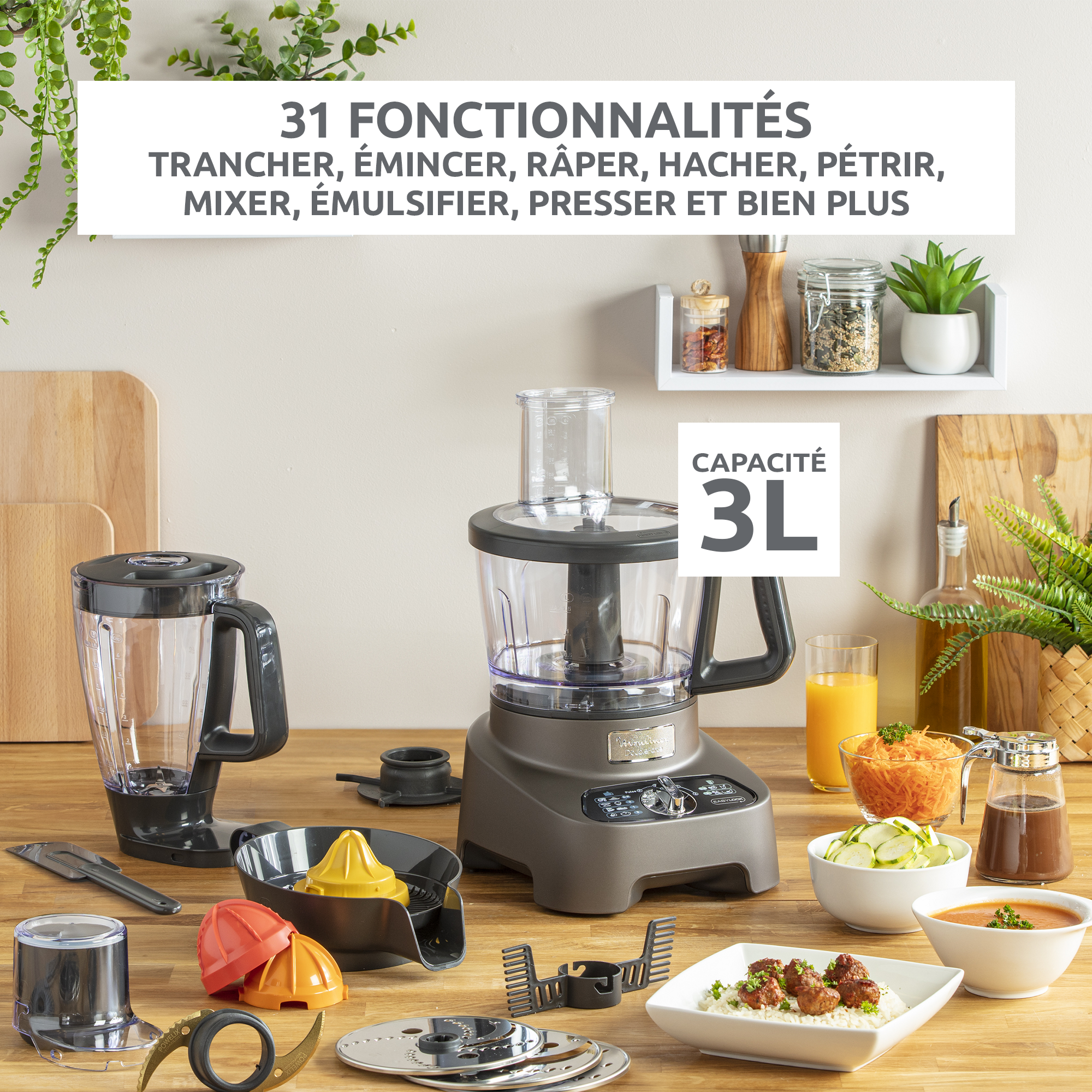 Double Force, Robot multifonction, 1000 W, 31 fonctions, 10 accessoires, Gris