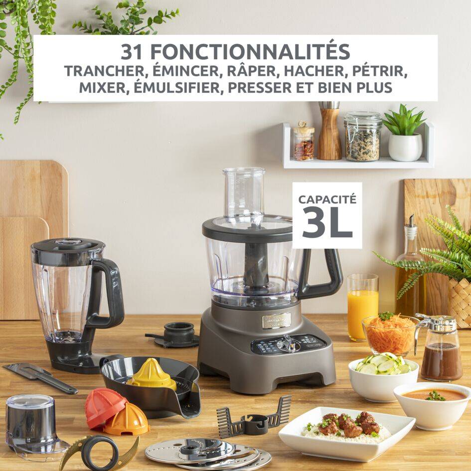 Double Force, Robot multifonction, 1000 W, 31 fonctions, 10 accessoires, Gris