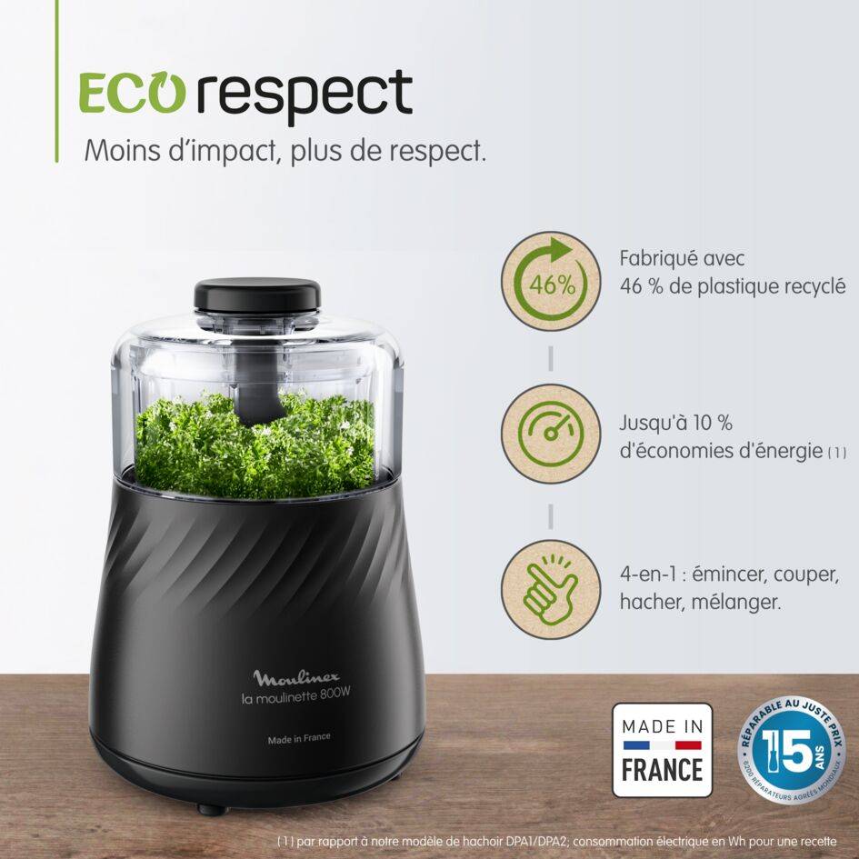 La Moulinette Eco Respect, Hachoir, Eco conçue en France, Fonsction 4 en 1, Capacité 500 ml, Noire