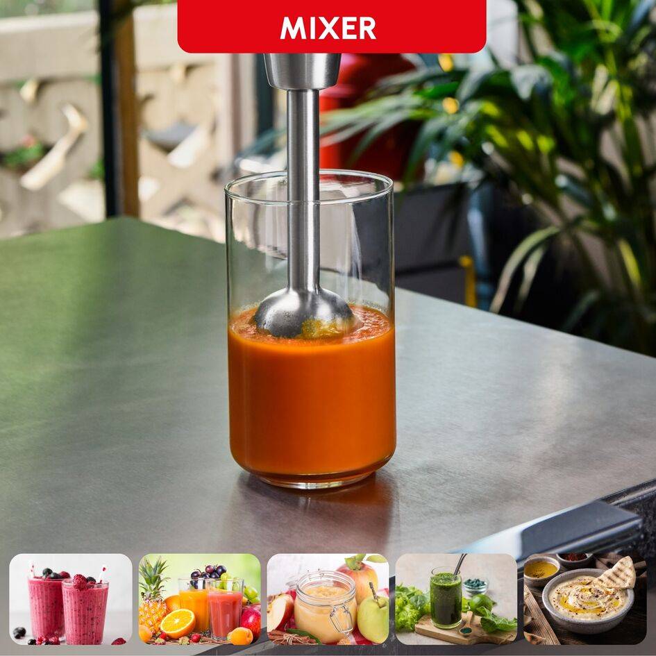 Infinyforce 5 en 1, Pied mixeur, lames powelix life, Variateur de vitesses, 4 accessoires, 1200 W, Noir et métal