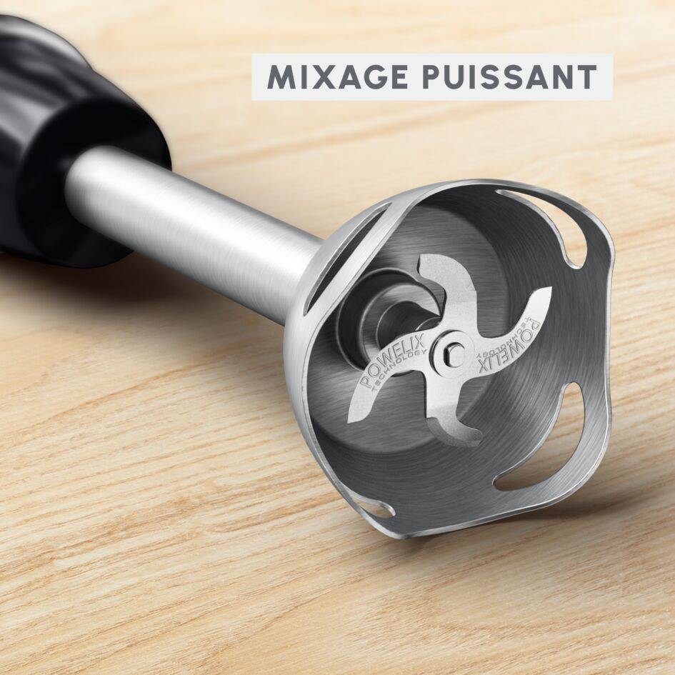 Quickchef+, Pied mixeur, Lames powelix, 20 vitesses, 3 accessoires, 1000 W, Noir et métal