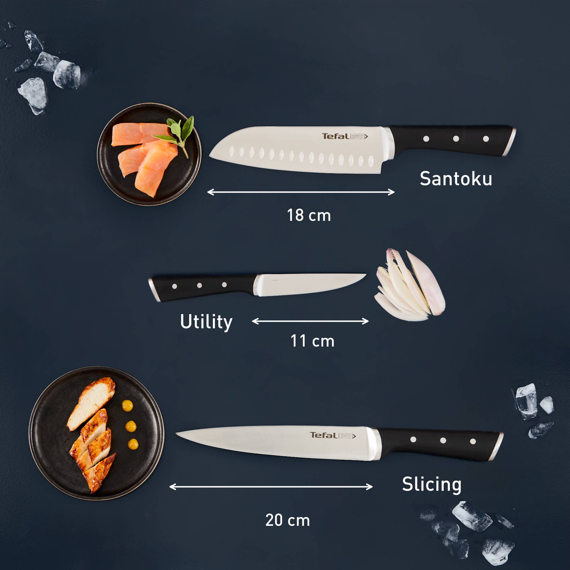 Set Ice Force 3 pièces : Couteaux à trancher 20cm + Santoku 18cm + Utilitaire 11cm