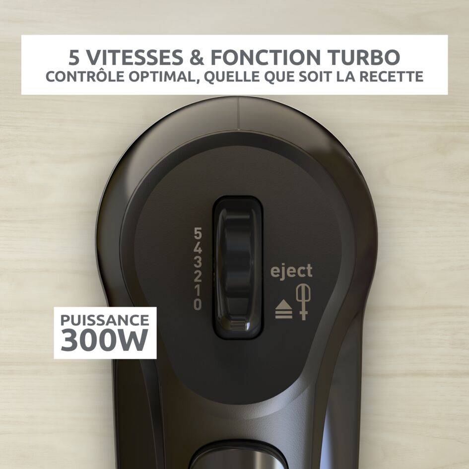 Quick Mix, Batteur électrique, 5 vitesses, 2 jeux de fouets, 300 W, Noir