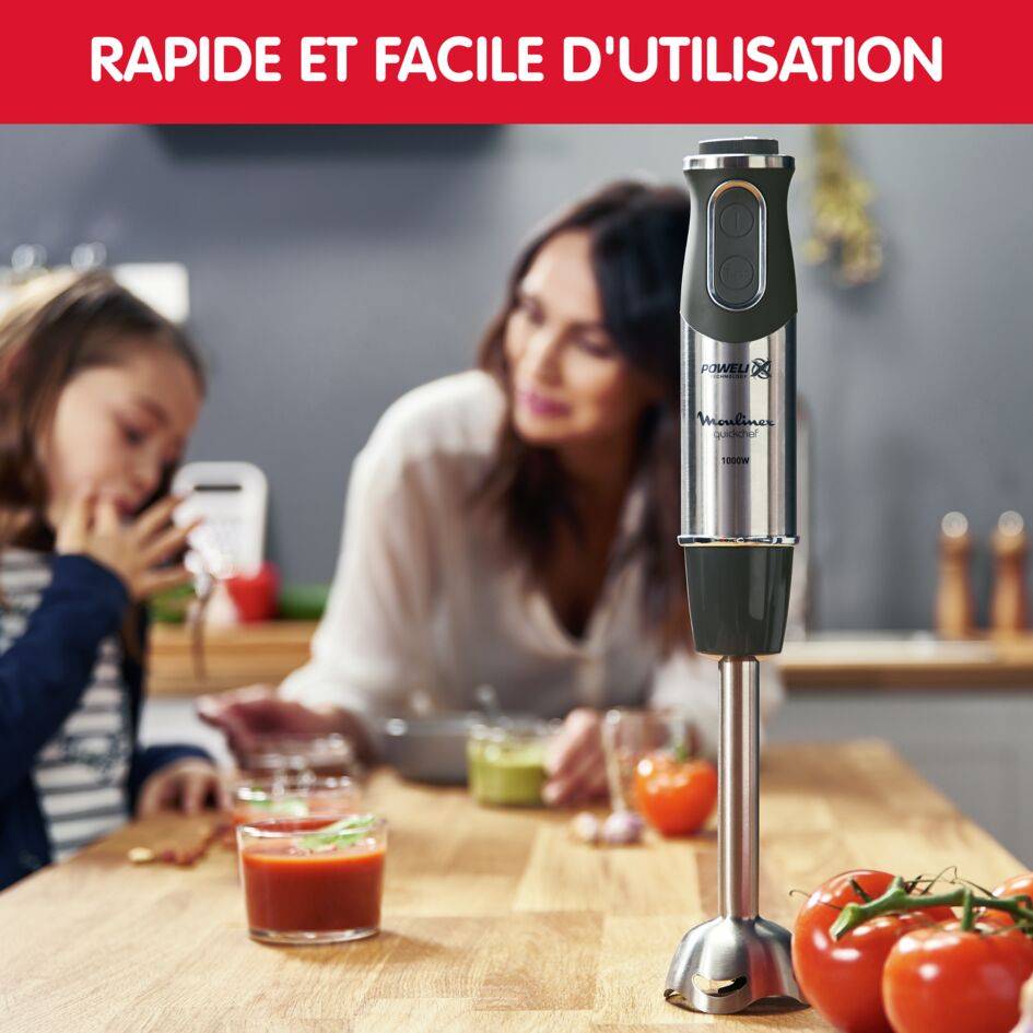 Quickchef 4 en 1, Pied mixeur, Lames powelix, 10 vitesses, 3 accessoires, 1000 W, Noir et métal