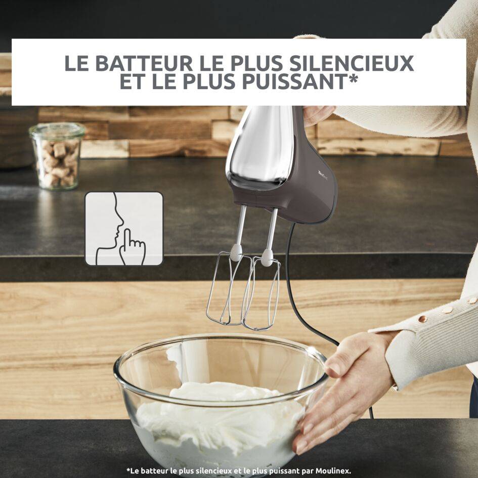 Powermix silence, Batteur électrique, Technologie silence, 2 jeux de fouets, 600 W, Argent