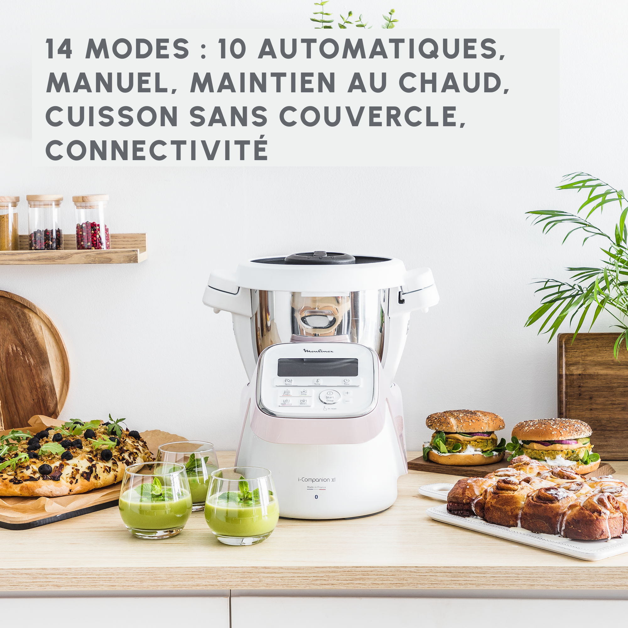 I-Companion, Robot cuiseur, 14 fonctions, Connecté, Capacité XL 10 personnes, Blanc et rose, Fabriqué en France + Kit pâtisserie