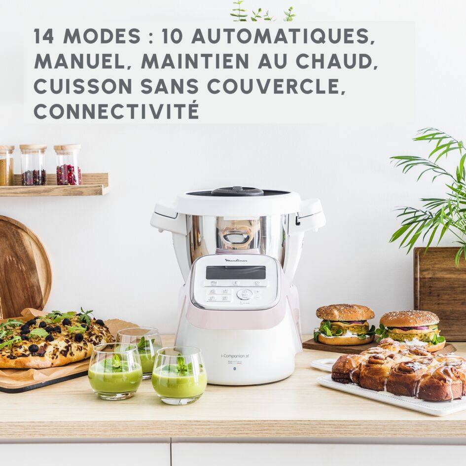 I-Companion, Robot cuiseur, 14 fonctions, Connecté, Capacité XL 10 personnes, Blanc et rose, Fabriqué en France + Kit pâtisserie