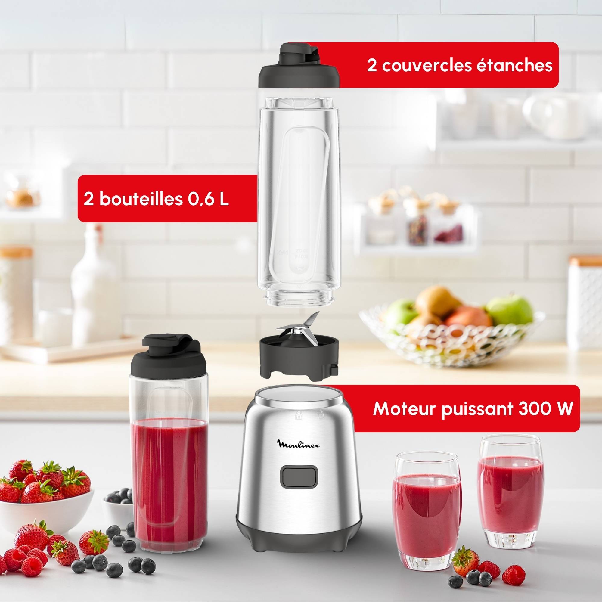 Mix&Move, Mini blender, 2 bouteilles, 300W,  Gris métal