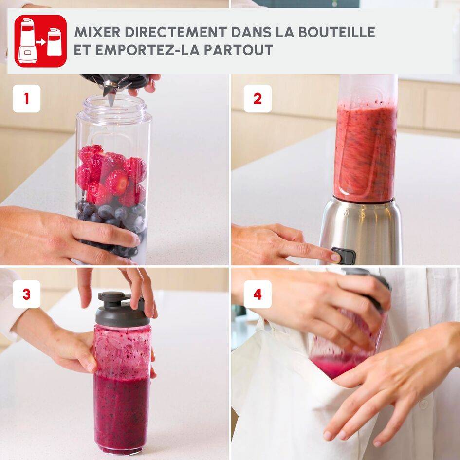 Mix & Move Mini Blender, Bol plastique tritan 0.8L, 300W, 1 vitesse, 4 lames