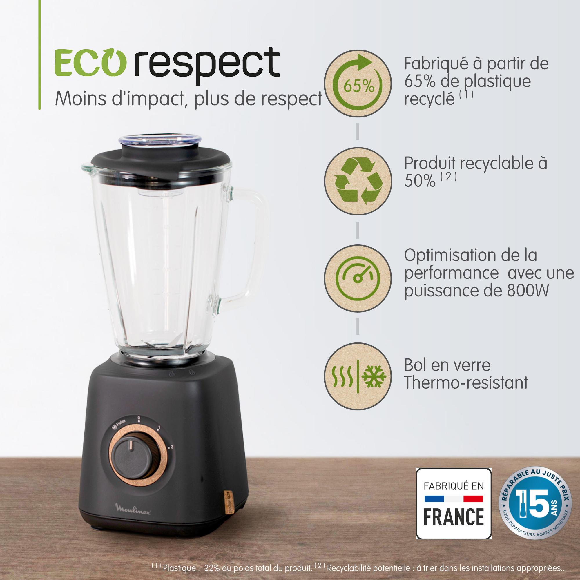 Eco Respect, Blender, Bol verre 1.75L, 800W, 2 vitesses, 4 lames