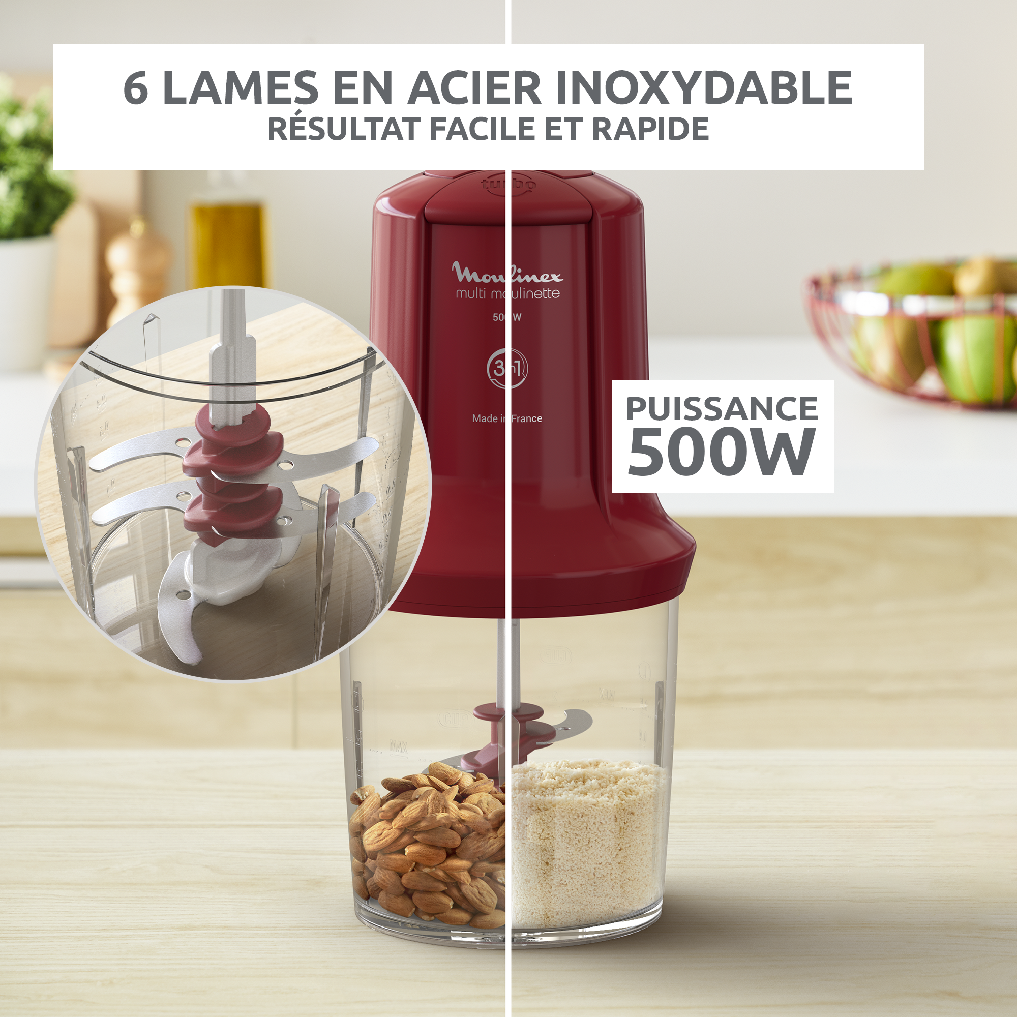 Multi moulinette, Mini hachoir, Fonction 3 en 1, Capacité 500 ml, 500 W, Rouge