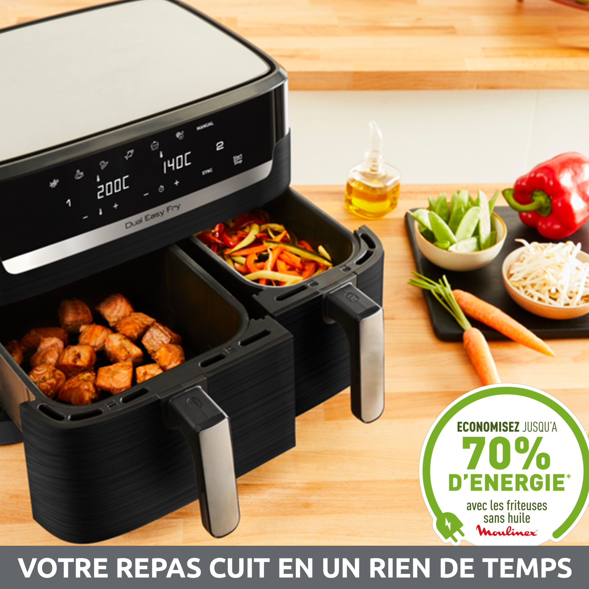 Easy Fry Dual Essential Inox, 7 programmes, Air Fryer, 8.3 L, Deux tiroirs, Noir