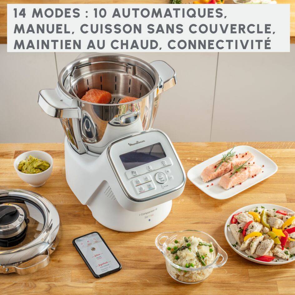 I-Companion, Robot cuiseur, 14 fonctions, Connecté, Capacité XL 10 personnes, Blanc, Fabriqué en France